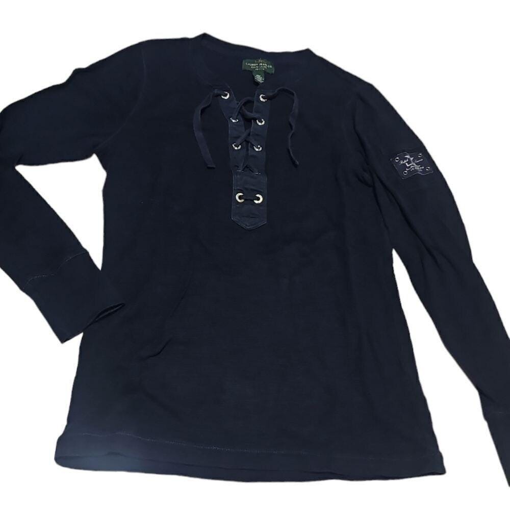Lauren Ralph Lauren Jeans Co Navy Lace-Up Henley Shirt Vintage Inspired Style PM